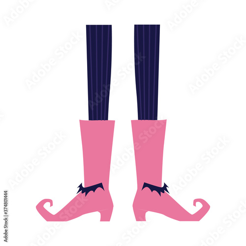 Cartoon witch legs wearing pink boots with high heel and curled toes