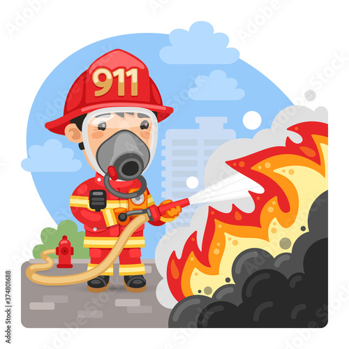 Cartoon Firefighter Extinguishes a Fire