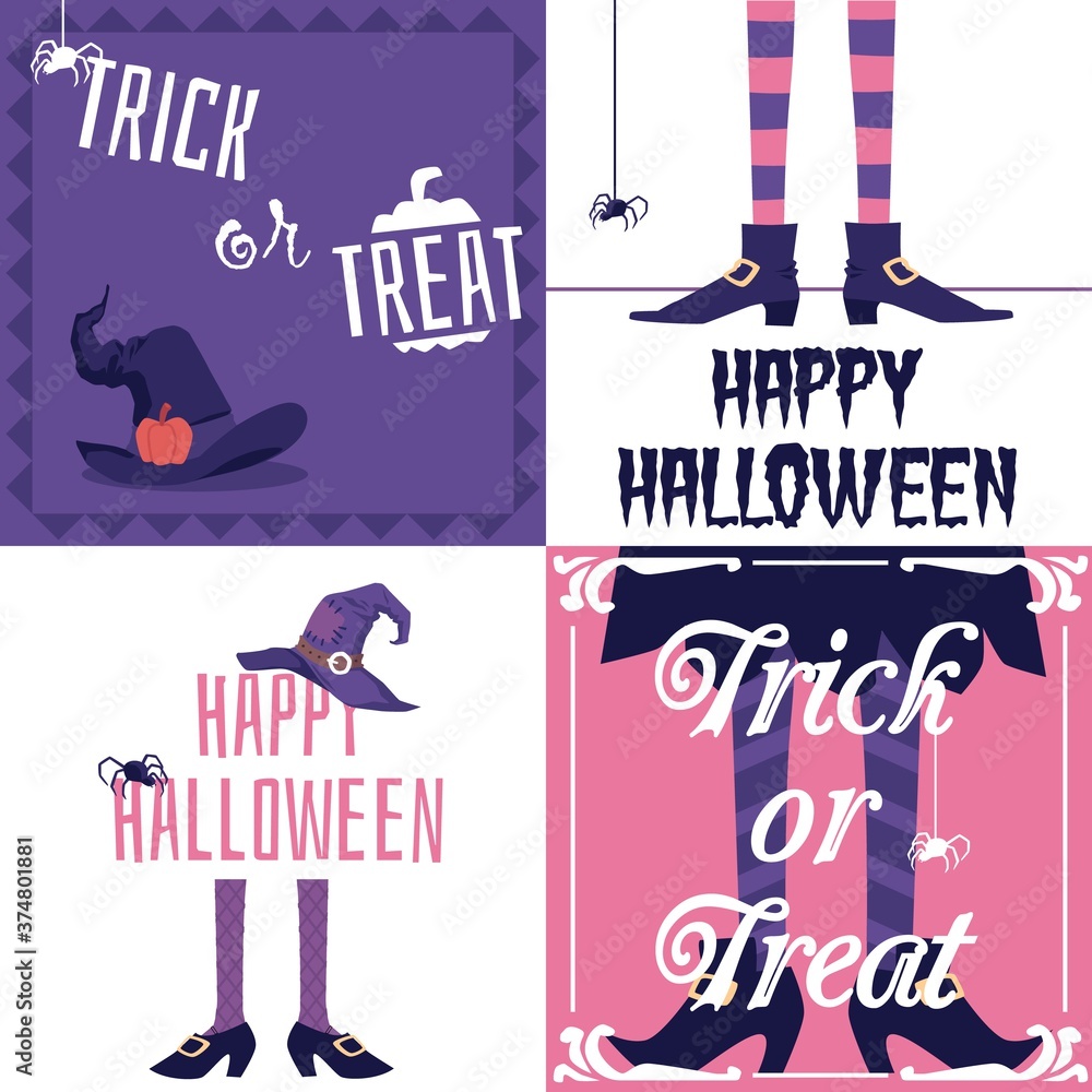 Happy Halloween card set with cartoon witch legs and hat.