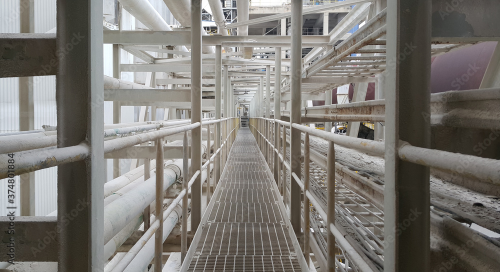 Walk way with  handrail have cable ladder and steam pipe inside  pulp industial