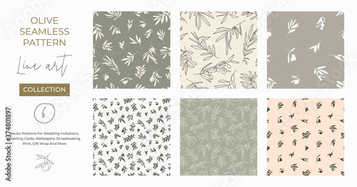 Seamless patterns with Olive Branch in Modern Minimal Liner Style. Vector Floral Backgrounds for Wedding invitations, greeting cards, print on fabric, wallpapers, scrapbooking, gift wrap and more