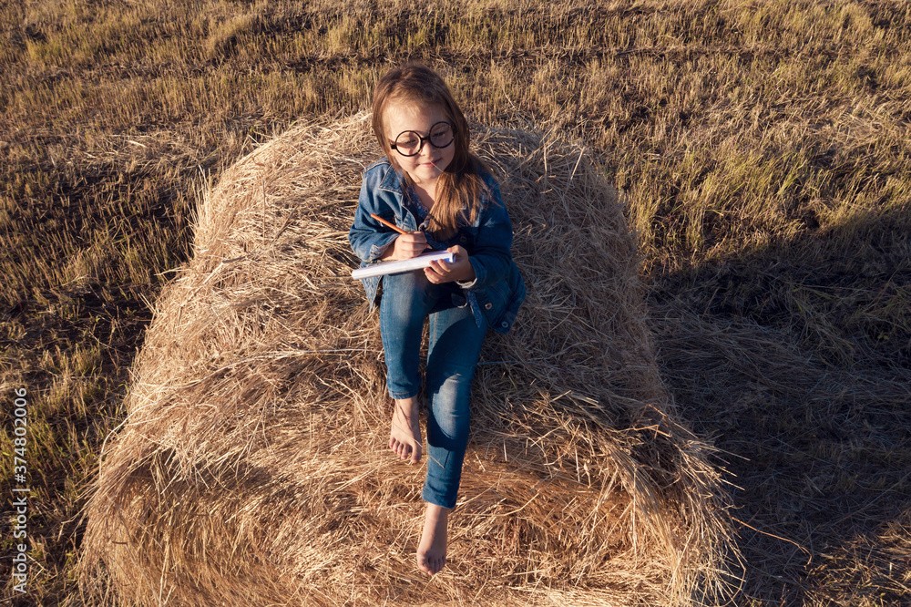 Aerial photo. A girl sits on a haystack and paints a landscape. View from above. High quality photo Aerial photo. A girl sits on a haystack and paints a landscape. View from above. High quality photo