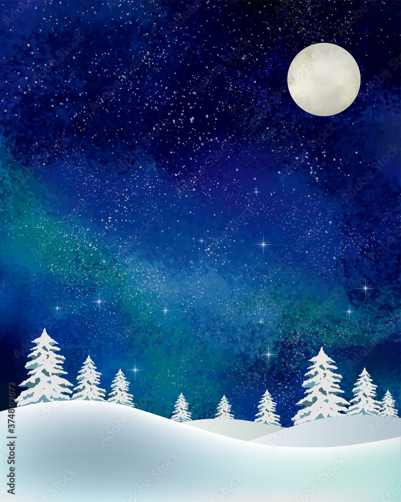 冬の景色：水彩　冬　景色　山　雪　雪山　星　夜空　キラキラ　ミルキーウェイ