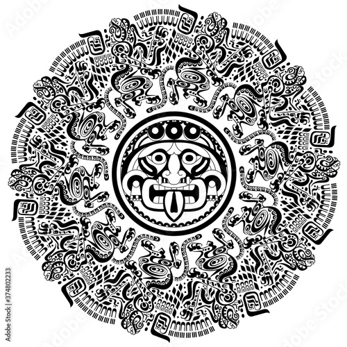 Aztec maya tribal tattoo design. Stylized warrior face and decorate elements on white background.