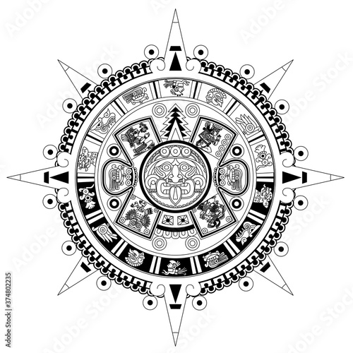 Aztec maya tribal tattoo design. Stylized warrior face and decorate elements on white background.