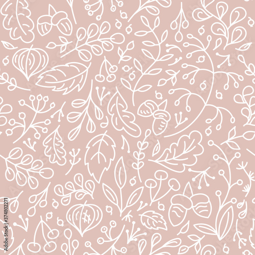 Monochrome pastel seamless pattern with berries, acorns and oak leaves and twigs .