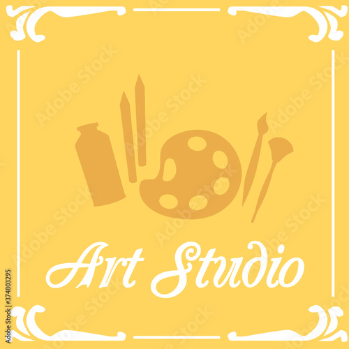 Vector flat design of card for an art studio with an image of drawing tools.