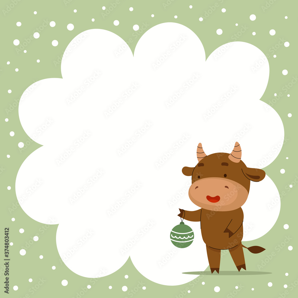 Cute vector Christmas bull holding a Christmas tree toy. New Year's greeting cards. Templates for the holiday. Flat cartoon illustration on light background with snowflakes Cute vector Christmas bull holding a Christmas tree toy. New Year's greeting cards. Templates for the holiday. Flat cartoon illustration on light background with snowflakes