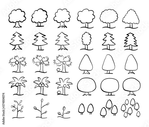 色々な樹木の手書きベクターイラストセット