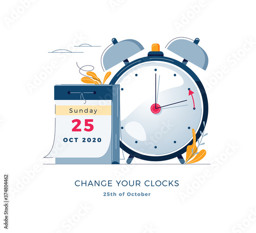 Daylight Saving Time ends concept. Calendar with marked date, text Change your clocks. The hand of the clocks turning to winter time. DST ends in Europe vector illustration, modern flat style design