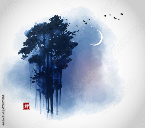 High green forest trees and flock of birds on night sky background with crescent moon. Traditional oriental ink painting sumi-e, u-sin, go-hua. Translation of hieroglyph - zen