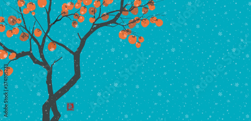 Persimmon tree with big orange fruits on blue background with snow. Translation of Hieroglyph - life energy. Vector illustration in japanese style