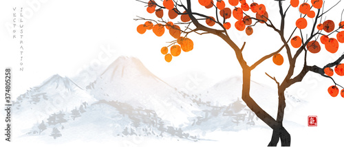 Persimmon tree with big orange fruits and far blue mountains. Translation of Hieroglyph - life energy. Vector illustration in japanese style