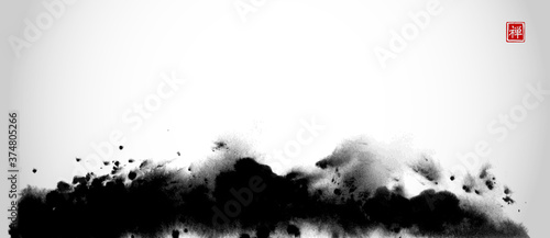 Abstract black ink wash painting in East Asian style. Grunge texture. Traditional Japanese ink painting sumi-e. Translation of hieroglyph - zen