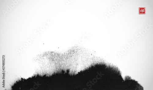 Abstract black ink wash painting in East Asian style. Grunge texture. Traditional Japanese ink painting sumi-e. Translation of hieroglyph - zen
