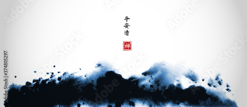 Abstract blue ink wash painting in East Asian style. Grunge texture. Traditional Japanese ink painting sumi-e. Translation of hieroglyphs - peace, tranquility, clarity, zen