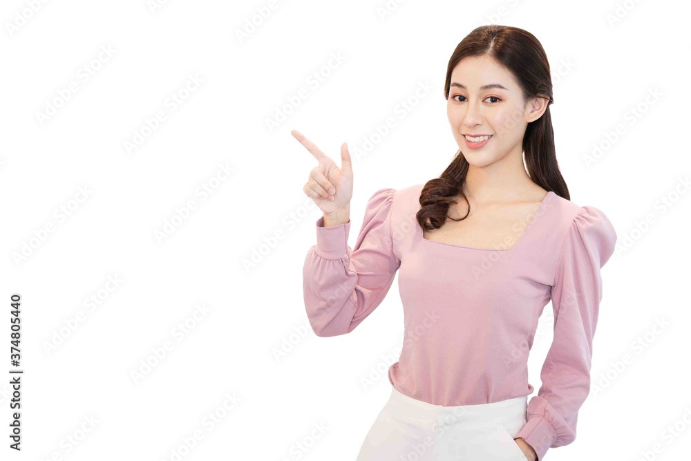 portrait of young beautiful asian business woman in casual pink t-shirt point her fingers to an empty space on the side isolated on white background,cheerful,smiling ,Charming female looking at camera portrait of young beautiful asian business woman in casual pink t-shirt point her fingers to an empty space on the side isolated on white background,cheerful,smiling ,Charming female looking at camera