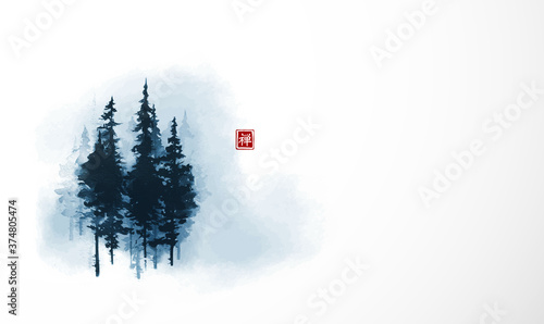 High blue pine trees in fog. Traditional oriental ink painting sumi-e, u-sin, go-hua. Translation of hieroglyph - zen photo