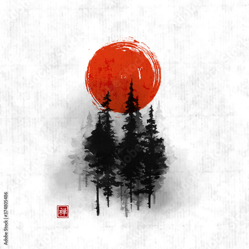 High green pine trees in fog and big red sun. Traditional oriental ink painting sumi-e, u-sin, go-hua. Translation of hieroglyph - zen