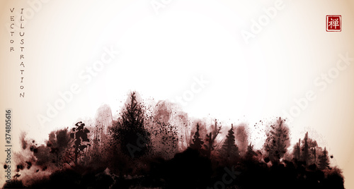 Ink wash painting  forest in vintage style. Traditional Japanese ink wash painting sumi-e. Translation of hieroglyph - zen