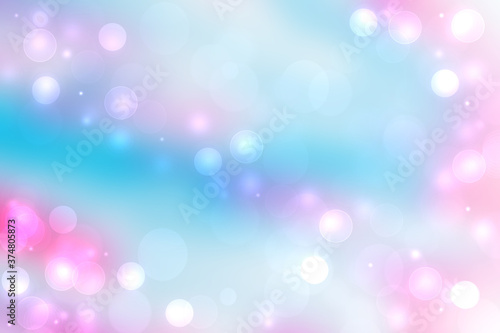 Hello spring background. Abstract bright spring or summer landscape texture with natural pink bokeh lights and stars on blue sky. Beautiful backdrop with space.