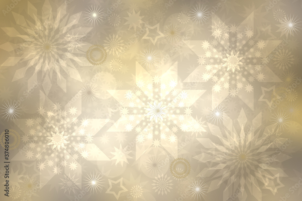 Christmas card template. Abstract festive light gold yellow white winter christmas or New Year background with blurred bokeh lights and stars. Beautiful backdrop.