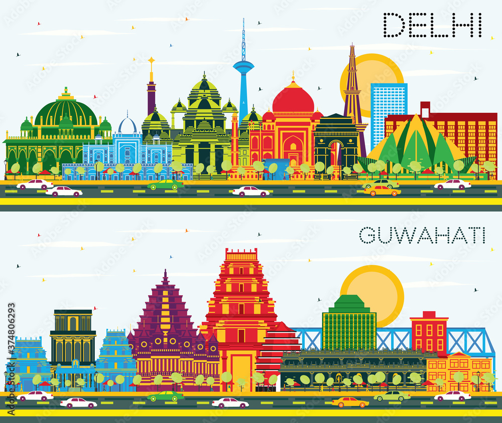 Guwahati and Delhi India City Skylines with Color Buildings and Blue Sky.