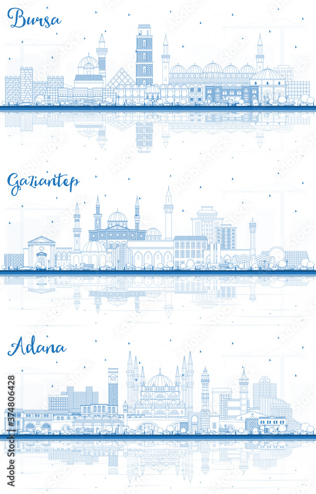 Outline Adana, Bursa and Gaziantep Turkey City Skylines with Blue Buildings and Reflections.