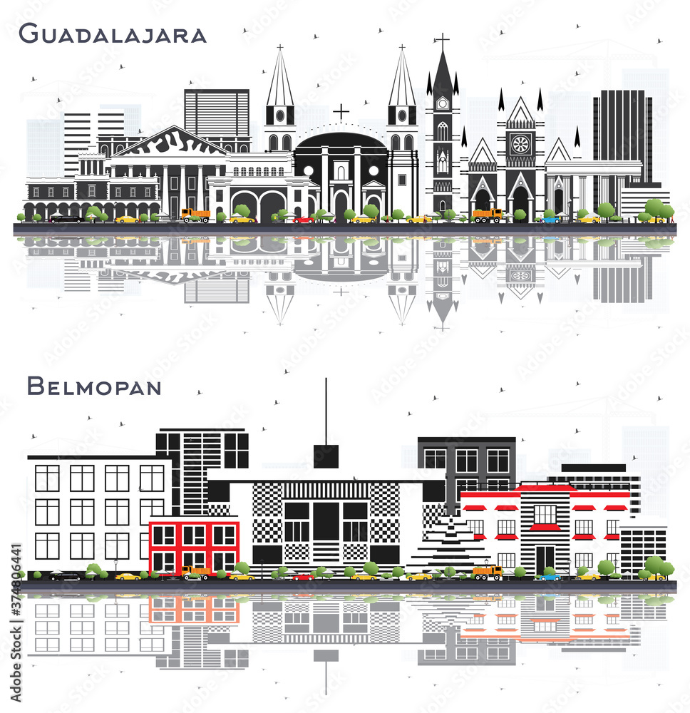 Belmopan Belize and Guadalajara Mexico Skylines with Gray Buildings and Reflections Isolated on White.