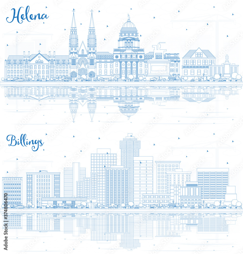 Outline Helena and Billings Montana City Skylines with Blue Buildings and Reflections.