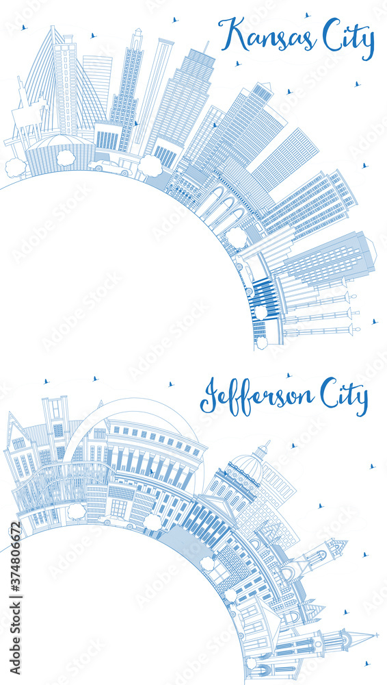 Outline Jefferson City and Kansas City Missouri Skylines with Blue Buildings and Copy Space.