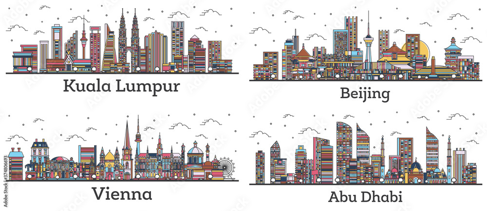 Fototapeta premium Outline Kuala Lumpur Malaysia, Abu Dhabi UAE, Beijing China and Vienna Austria City Skylines with Color Buildings Isolated on White.