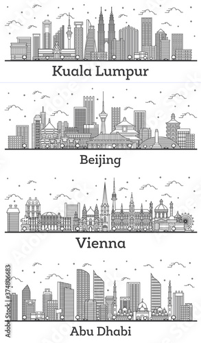 Photography Outline Beijing China, Vienna Austria, Kuala Lumpur Malaysia and Abu Dhabi United Arab Emirates City Skylines with Modern Buildings Isolated on White
