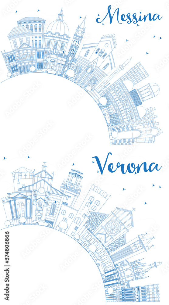 Outline Verona and Messina Sicily Italy City Skylines with Blue Buildings and Copy Space.