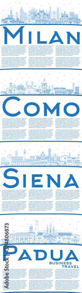 Outline Siena, Padua, Milan and Como Italy City Skylines with Blue Buildings and Copy Space.