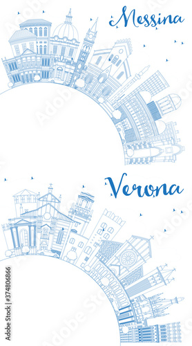 Fototapeta Naklejka Na Ścianę i Meble -  Outline Verona and Messina Sicily Italy City Skylines with Blue Buildings and Copy Space.