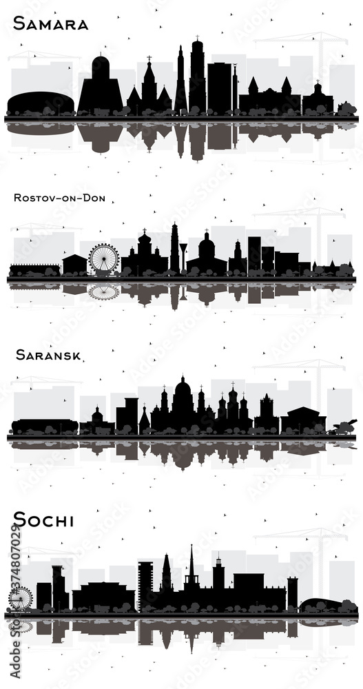 Saransk, Sochi, Samara and Rostov-on-Don Russia City Skyline Silhouettes with Black Buildings and Reflections Isolated on White.