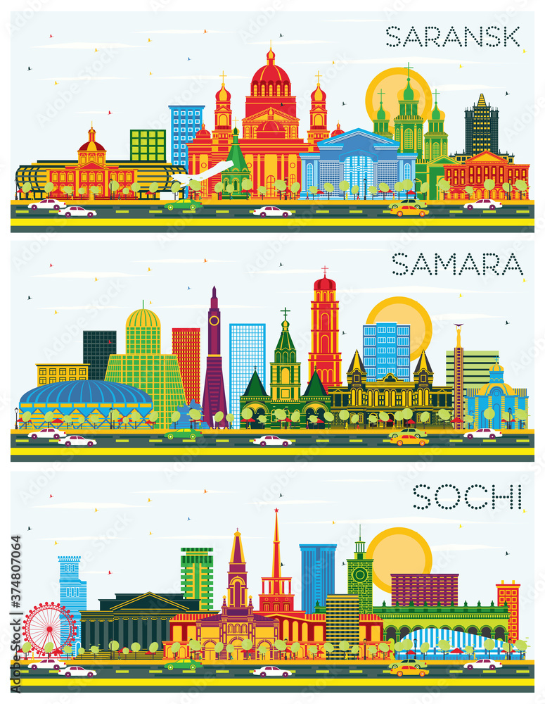 Samara, Sochi and Saransk Russia City Skylines with Color Buildings and Blue Sky.