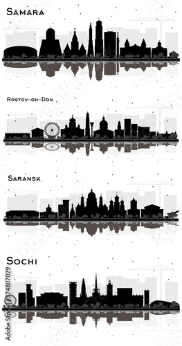 Saransk, Sochi, Samara and Rostov-on-Don Russia City Skyline Silhouettes with Black Buildings and Reflections Isolated on White.