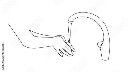 Continuous one line drawing of Wash hands icon, outline vector sign hand washing under the tap, linear style pictogram isolated on white. Hygiene symbol