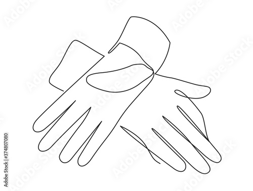 Medical protective gloves continuous one line vector drawing. Isolated on white background, hygiene supplies, medical surgical gloves cartoon style, medical icons quarantine virus protection