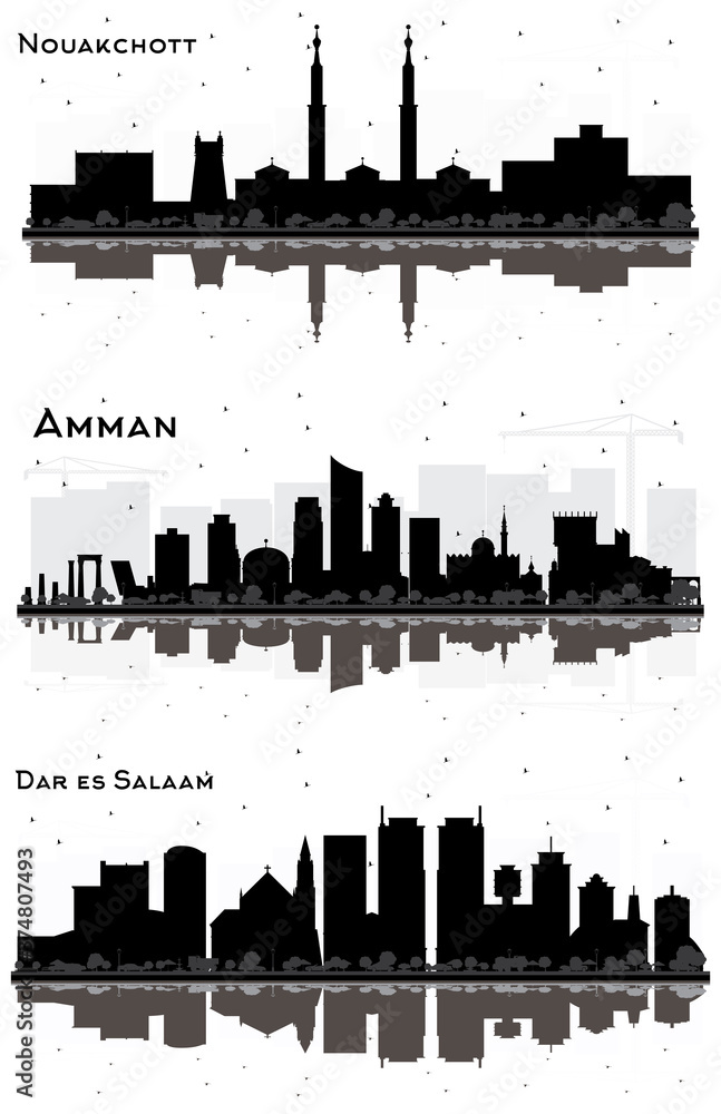 Dar Es Salaam Tanzania, Amman Jordan and Nouakchott Mauritania City Skylines Silhouette with Black Buildings and Reflections Isolated on White. Dar Es Salaam Tanzania, Amman Jordan and Nouakchott Mauritania City Skylines Silhouette with Black Buildings and Reflections Isolated on White.