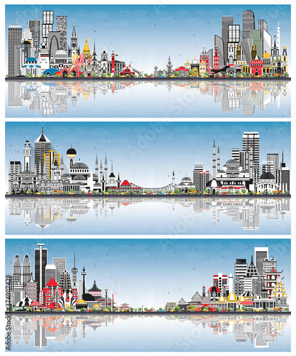 Welcome to Russia, Turkey and Indonesia Skylines with Gray Buildings, Blue Sky and Reflections.
