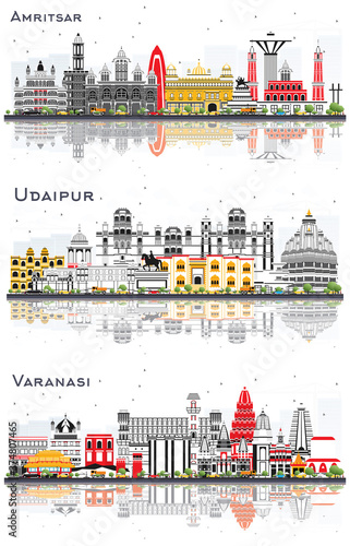 Amritsar, Varanasi and Udaipur India City Skylines with Color Buildings and Reflections Isolated on White.