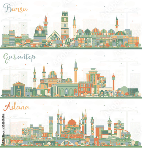 Adana, Gaziantep and Bursa Turkey City Skylines with Color Buildings.