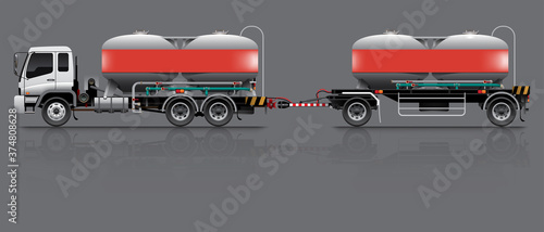 VECTOR EPS10 - cement silo trailer truck double unit 18 wheels,
supply delivery truck for concrete plant or construction site, isolated on grey background.