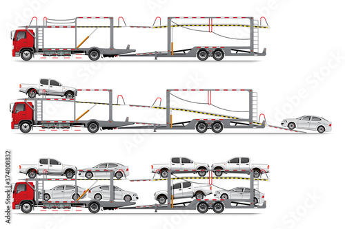 VECTOR EPS10 - car carrier template, car transport truck delivery from factory to showroom, isolated on white background.