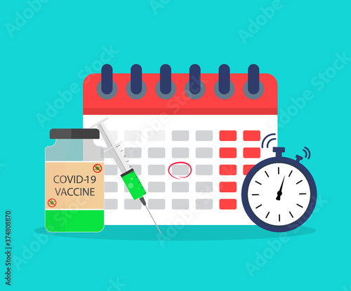 Vaccine with syringe and calendar. Vaccination from flu and coronavirus. Time to immunization and protection. Injection from influenza, covid-19 for health of child and adult. Medical poster. Vector