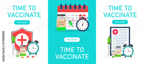 Vaccine time. Poster with syringe for injection, calendar vaccination and insurance. Banner with vaccine from flu, coronavirus. Hospital immunization for health. Background for prevention. Vector