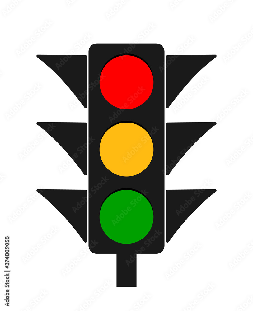 Traffic light. Icon of stoplight. Red, yellow, green signals for safety on road. Stop or go. Traffic lamps on street warning. Sign of crosswalk for regulation. Equipment for crossroad. Vector Stock